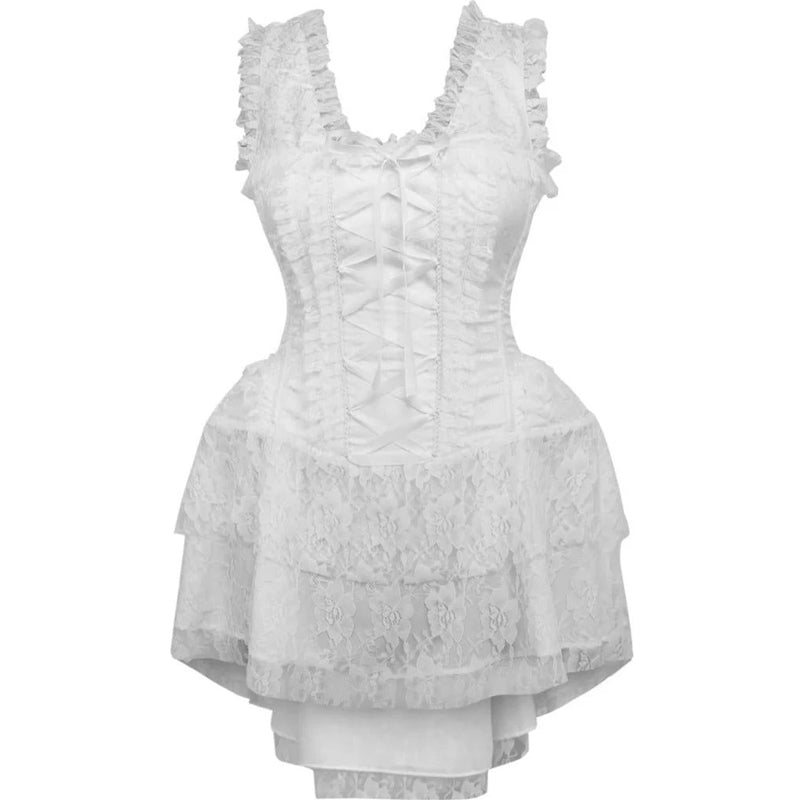 victorian corset dress Top Drawer Steel Boned White Lace 5X Exquisite Ruffles and Long Mimi's Bridal | Bridesmaids Serra Polka Dot Mini Dress Color:Black and Nude