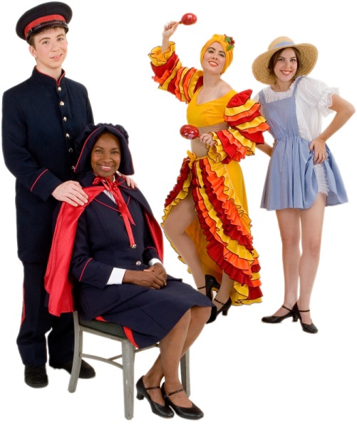 Rental Costumes for Guys and Dolls - Male Mission Uniform Navy Blue, Sarah Brown, Female Calypso Dancer, and Hot Box Girl in her Farmerette Outfit