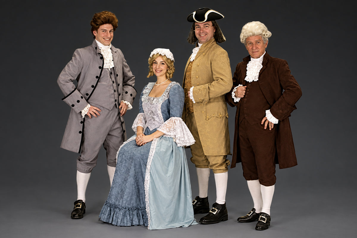 Thomas Jefferson colonial coat, Martha Jefferson colonial gown; Benjamin Franklin colonial coat, John Adams colonial coat