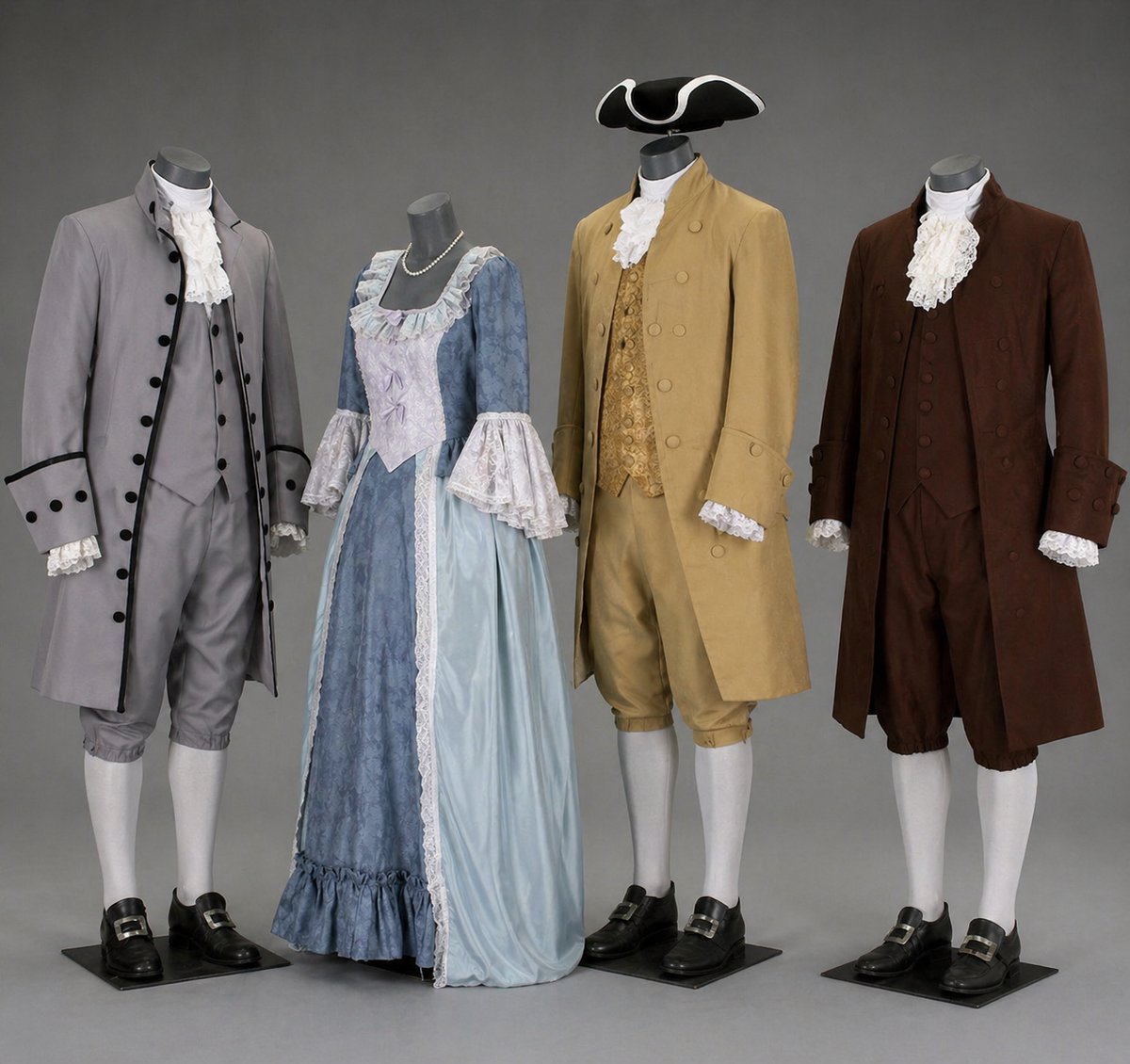 1776 Costume Rentals: Thomas Jefferson, Abigail Adams, Benjamin Franklin and John Adams.