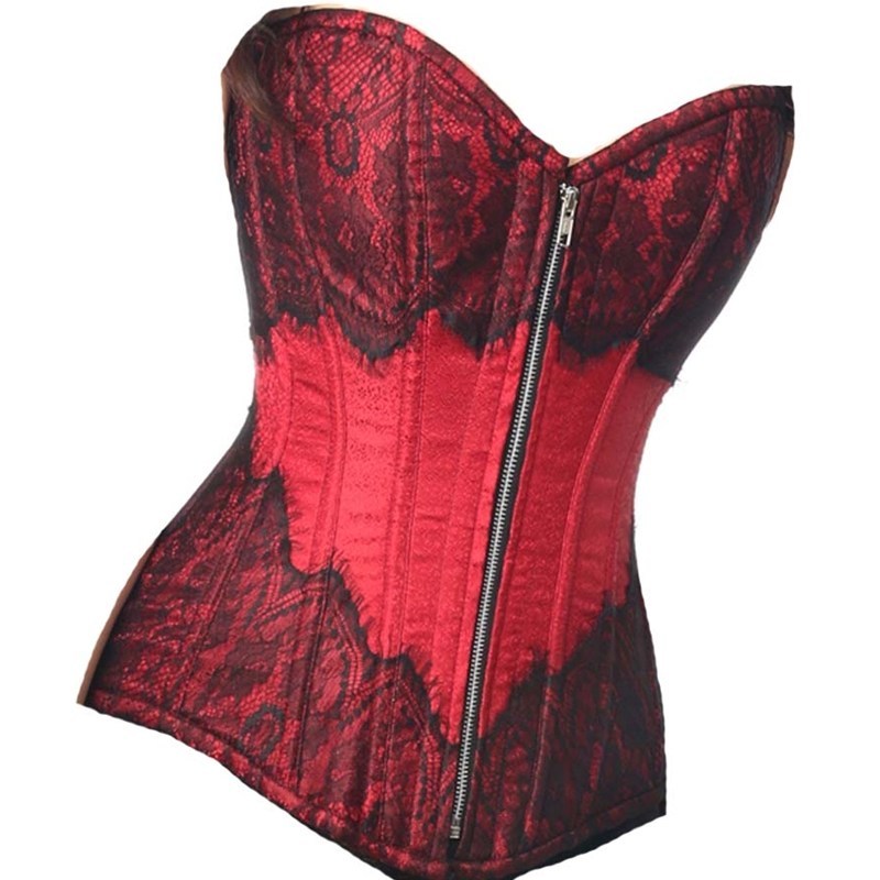 Wine Brocade Corset with Lace