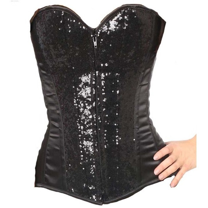 Black Sequin Front Overbust Steel Boned Corset