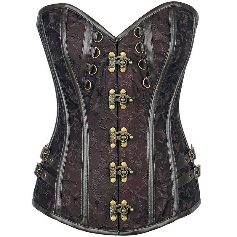 Brocade & Faux Leather Steel Boned Corset