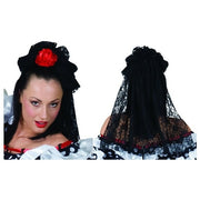 Black Lace Veil with Red Rose Hairclip