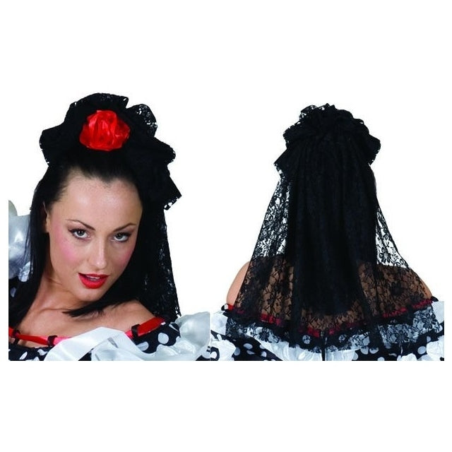 Black Lace Veil with Red Rose Hairclip