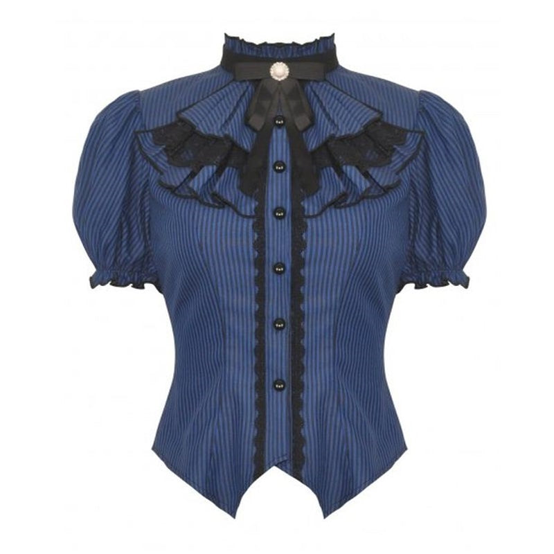 Blue & Black Striped Frilly Collar Blouse Adult
