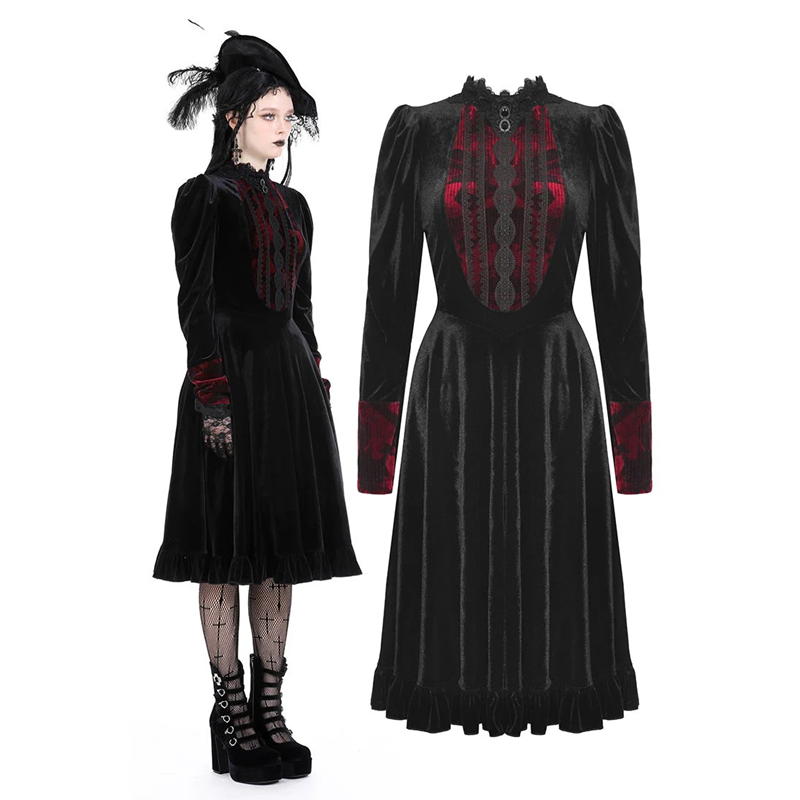 Gothic Vampire Black & Scarlet Velvet Dress Adult