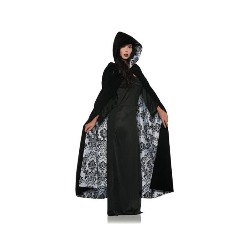 Velvet/Satin Flocked Cape Adult Black/Grey 