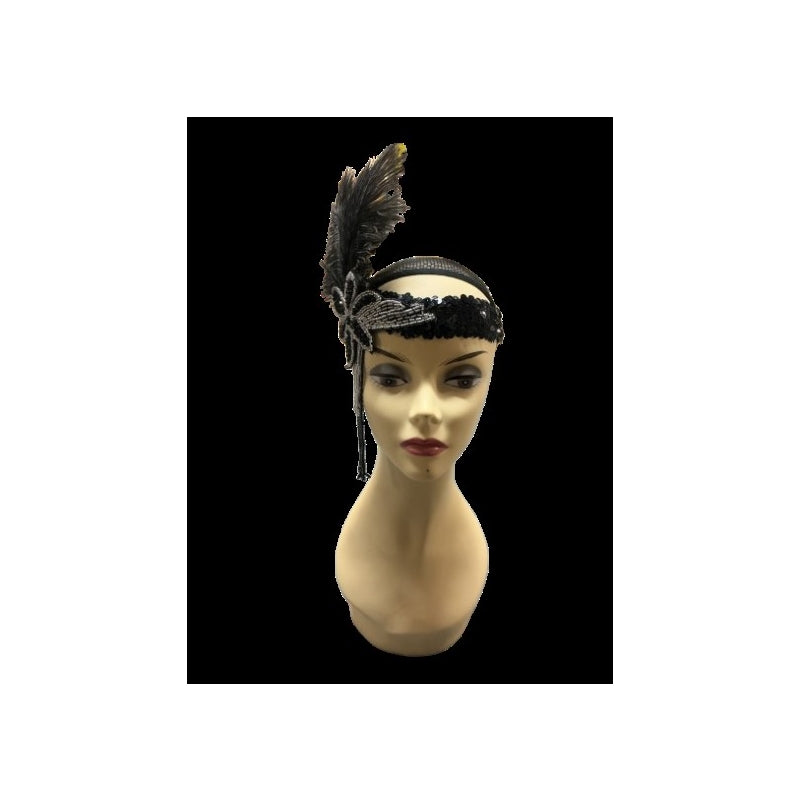 Flapper Headband with Tassels Black/Silver