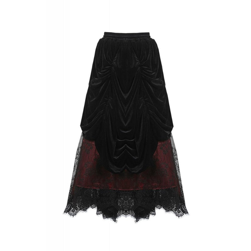 Gothic Black and Red Velvet Lace Skirt One Size