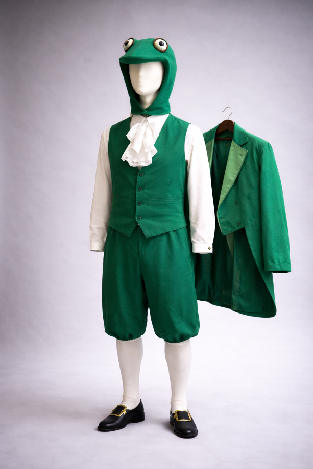 Green frog costume with a jacket on a gray background