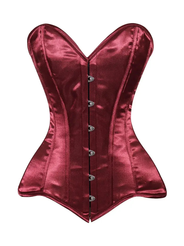 Lavish Dark Red Wine Satin Overbust Corset Sweetheart Neckline Busk Closure