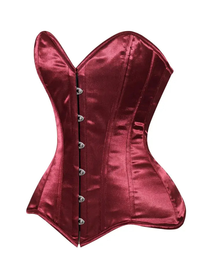 Lavish Dark Red Wine Satin Overbust Corset Sweetheart Neckline Busk Closure