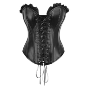 Top Drawer Black Faux Leather & Black Lace Trim Lace-Up Steel Boned Corset