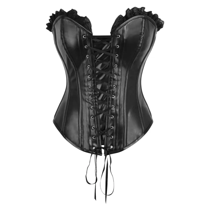 Top Drawer Black Faux Leather & Black Lace Trim Lace-Up Steel Boned Corset