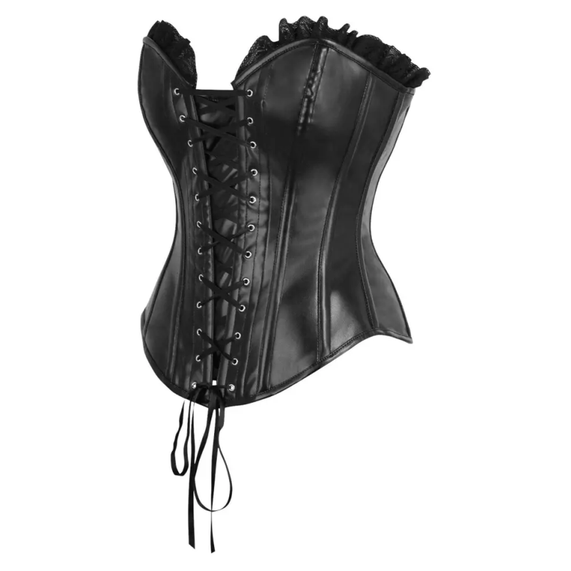Top Drawer Black Faux Leather & Black Lace Trim Lace-Up Steel Boned Corset