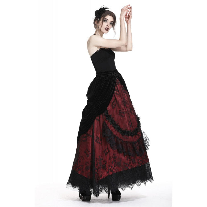 Gothic Black and Red Velvet Lace Skirt One Size