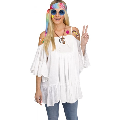 1960's Decade Instant Disguise Costume Kit Kit includes tie dye head scarf, round glasses with colored lenses, peace sign necklace, and sheet of hippie themed tattoos